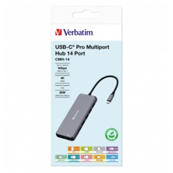 USB (3.2) hub 14-port, 32154, szary, długość przewodu 15cm, Verbatim, 2x USB C, 5x USB A, 2x HDMI, czytnik SD/micro SD