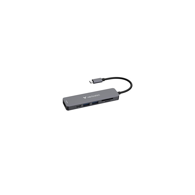 USB-C Hub wieloportowy 6-port, 32156, szary, długość kabla 18 cm, Verbatim, USB-C PD, USB-A 3.2 Gen 1, USB-A 2.0, SD a microSD
