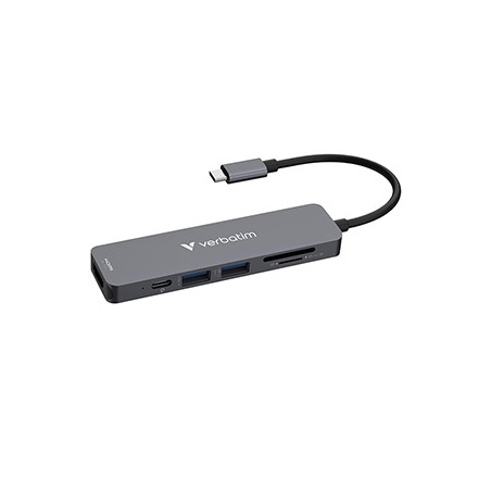 USB-C Hub wieloportowy 6-port, 32156, szary, długość kabla 18 cm, Verbatim, USB-C PD, USB-A 3.2 Gen 1, USB-A 2.0, SD a microSD