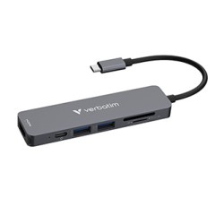 USB-C Hub wieloportowy 6-port, 32156, szary, długość kabla 18 cm, Verbatim, USB-C PD, USB-A 3.2 Gen 1, USB-A 2.0, SD a microSD