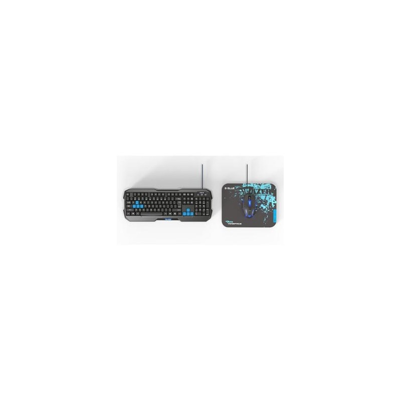 E-blue Polygon zestaw klawiatura przewodowa (USB) US, czarno-niebieski z myszką Cobra II, do gry, z podkładką Mazer Marface S ro