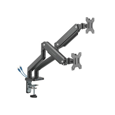 ULTRADESK BRANCH Double Regulowany uchwyt na 2 monitory, czarny, 20KG, mocowanie na zacisk, 17"-32", 75x75/100x100