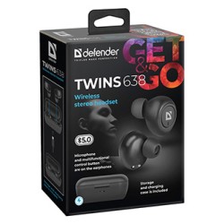 Defender Twins 638 słuchawki z mikrofonem, bezprzewodowa, czarna, douszne, BT 5.0, TWS, etui z ładowarką typ bluetooth, EOL