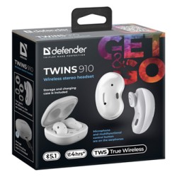 Defender Twins 910 słuchawki z mikrofonem, bezprzewodowa, biała, douszne, BT 5.1, TWS, etui ładujące typ bluetooth