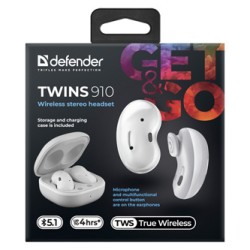 Defender Twins 910 słuchawki z mikrofonem, bezprzewodowa, biała, douszne, BT 5.1, TWS, etui ładujące typ bluetooth
