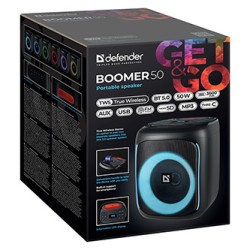 Defender głośnik BOOMER 50, Li-Ion, 1.1, 50W, czarny, regulacja głośności, podświetlenie LED, BT 5.0, TWS, 90Hz-20KHz
