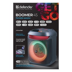 Defender głośnik BOOMER 45, Li-Ion, 1.1, 45W, czarny, regulacja głośności, LED, BT 5.1, TWS, 90Hz-20KHz