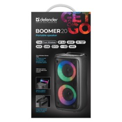 Defender głośnik BOOMER 20, Li-Ion, 2.0, 20W, czarny, regulacja głośności, podświetlenie LED, BT 5.0, TWS, 150Hz~18kHz
