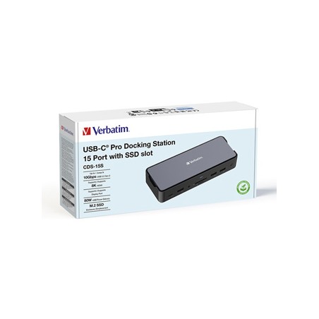 Stacja dokująca Verbatim, USB-C Pro, 15-port, 2x HDMI, RJ45, microSD, USB-A 3.1, USB-C 3.1, szara