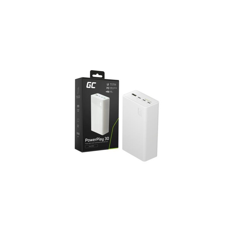 Greencell PowerPlay 30 - biała power bank z a capacity of 30, 000mAh, 22.5W, 4 ports