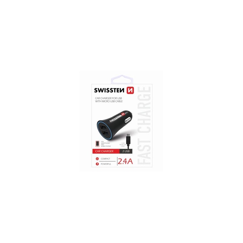 Ładowarka samochodowa SWISSTEN 12W, 2-portowy, USB-A, kabel microUSB