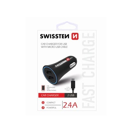 Ładowarka samochodowa SWISSTEN 12W, 2-portowy, USB-A, kabel microUSB