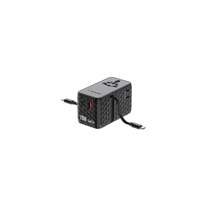 Verbatim, Uniwersalny adapter podróżny GaN III Charge ,n 1x USB-C, 1X USB-A + 2x zintegrowane kable USB-C, czarna, 70 W