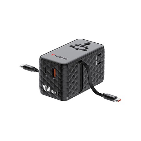 Verbatim, Uniwersalny adapter podróżny GaN III Charge ,n 1x USB-C, 1X USB-A + 2x zintegrowane kable USB-C, czarna, 70 W