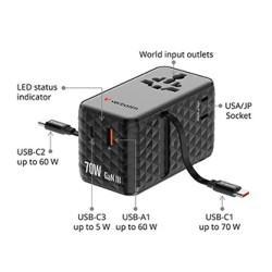 Verbatim, Uniwersalny adapter podróżny GaN III Charge ,n 1x USB-C, 1X USB-A + 2x zintegrowane kable USB-C, czarna, 70 W