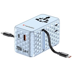 Verbatim, Adapter podróżny Charge ,n, Travel GaN III 1x USB-C, 1X USB-A + 2x zintegrowane kable USB-C, niebieska, 70 W