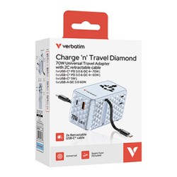 Verbatim, Adapter podróżny Charge ,n, Travel GaN III 1x USB-C, 1X USB-A + 2x zintegrowane kable USB-C, niebieska, 70 W