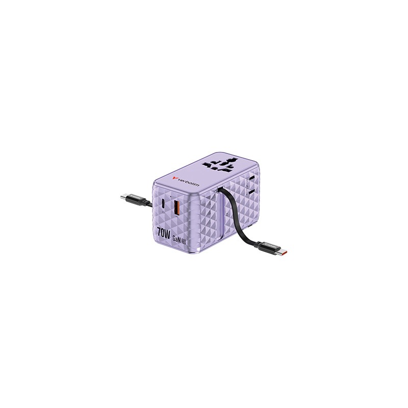 Verbatim, Adapter podróżny Charge ,n, Travel GaN III 1x USB-C, 1X USB-A + 2x zintegrowane kable USB-C, fioletowy, 70 W