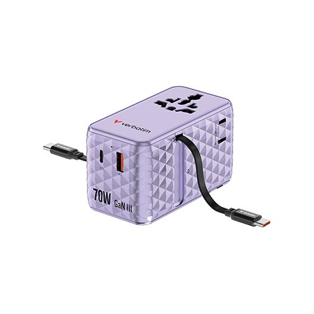 Verbatim, Adapter podróżny Charge ,n, Travel GaN III 1x USB-C, 1X USB-A + 2x zintegrowane kable USB-C, fioletowy, 70 W