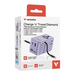 Verbatim, Adapter podróżny Charge ,n, Travel GaN III 1x USB-C, 1X USB-A + 2x zintegrowane kable USB-C, fioletowy, 70 W