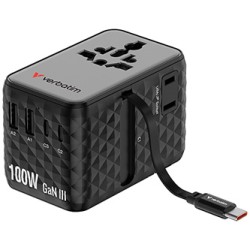 Verbatim, Adapter podróżny Charge ,n, Travel GaN III 2x USB-C, 2X USB-A + 1x zintegrowany kabel USB-C, czarna, 100 W
