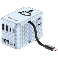 Verbatim, Adapter podróżny Charge ,n, Travel GaN III 2x USB-C, 2X USB-A + 1x zintegrowany kabel USB-C, niebieska, 100 W