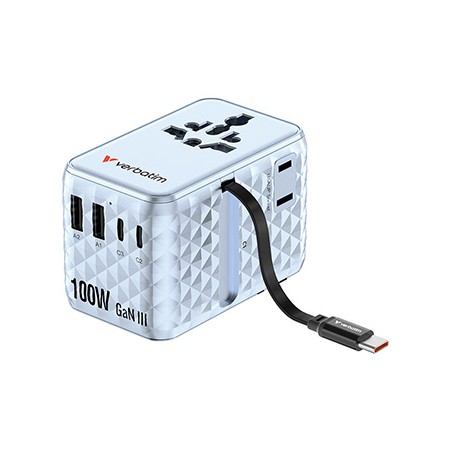Verbatim, Adapter podróżny Charge ,n, Travel GaN III 2x USB-C, 2X USB-A + 1x zintegrowany kabel USB-C, niebieska, 100 W