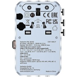 Verbatim, Adapter podróżny Charge ,n, Travel GaN III 2x USB-C, 2X USB-A + 1x zintegrowany kabel USB-C, niebieska, 100 W