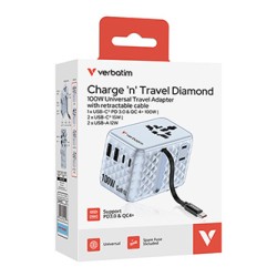 Verbatim, Adapter podróżny Charge ,n, Travel GaN III 2x USB-C, 2X USB-A + 1x zintegrowany kabel USB-C, niebieska, 100 W