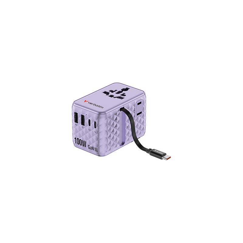 Verbatim, Adapter podróżny Charge ,n, Travel GaN III 2x USB-C, 2X USB-A + 1x zintegrowany kabel USB-C, fioletowy, 100 W