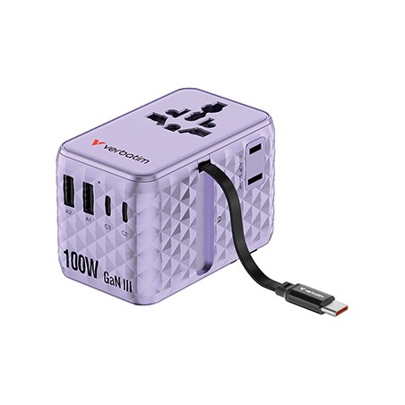 Verbatim, Adapter podróżny Charge ,n, Travel GaN III 2x USB-C, 2X USB-A + 1x zintegrowany kabel USB-C, fioletowy, 100 W