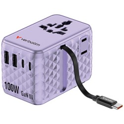 Verbatim, Adapter podróżny Charge ,n, Travel GaN III 2x USB-C, 2X USB-A + 1x zintegrowany kabel USB-C, fioletowy, 100 W