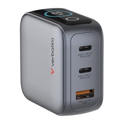 Verbatim, Mini ładowarka GaN z wyświetlaczem i kablem 2 x USB-C / 1 x USB-A, szara, 65W, Wymienne wtyczki EU, UK, USA