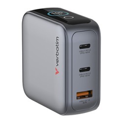 Verbatim, Mini ładowarka GaN z wyświetlaczem i kablem 2 x USB-C / 1 x USB-A, szara, 100 W, Wbudowane zabezpieczenie nadprądowe