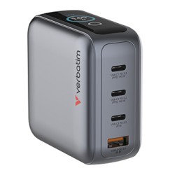 Verbatim, Mini ładowarka GaN z wyświetlaczem i kablem 3 x USB-C / 1 x USB-A, szara, 140 W, Wymienne wtyczki EU, UK, USA