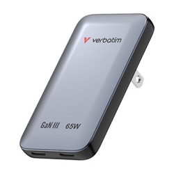 Verbatim, Ładowarka Essentials Slim GaN USB-C1 PD 3.0 , USB-C2 PD 3.0, szara, 65W