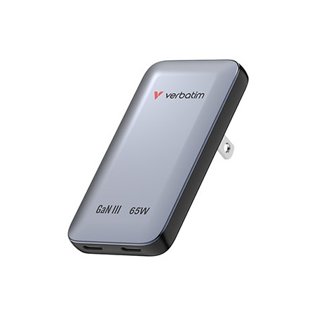 Verbatim, Ładowarka Essentials Slim GaN USB-C1 PD 3.0 , USB-C2 PD 3.0, szara, 65W
