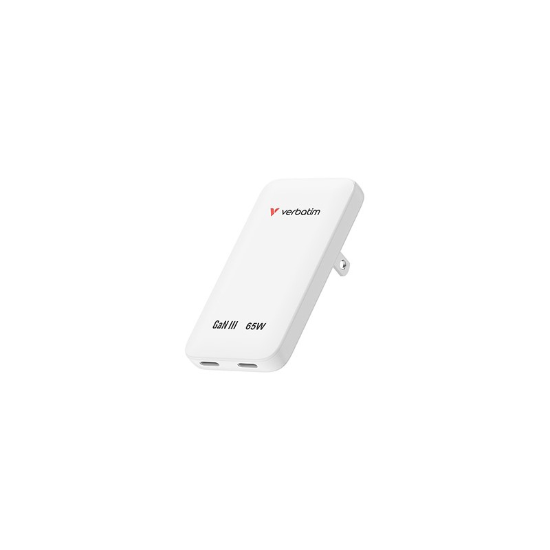 Verbatim, Ładowarka Essentials Slim GaN USB-C1 PD 3.0 , USB-C2 PD 3.0, biała, 65W
