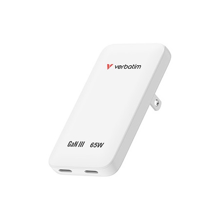 Verbatim, Ładowarka Essentials Slim GaN USB-C1 PD 3.0 , USB-C2 PD 3.0, biała, 65W