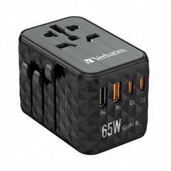 Verbatim, Adapter podróżny World-to-World UTA-05 GaN III 2x USB-C PD, QC 4+,  2x USB-A, czarna, 65 W