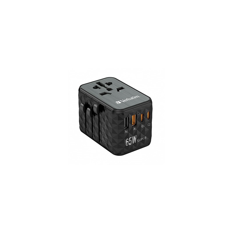 Verbatim, Adapter podróżny World-to-World UTA-05 GaN III 2x USB-C PD, QC 4+,  2x USB-A, czarna, 65 W