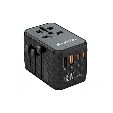 Verbatim, Adapter podróżny World-to-World UTA-05 GaN III 2x USB-C PD, QC 4+,  2x USB-A, czarna, 65 W