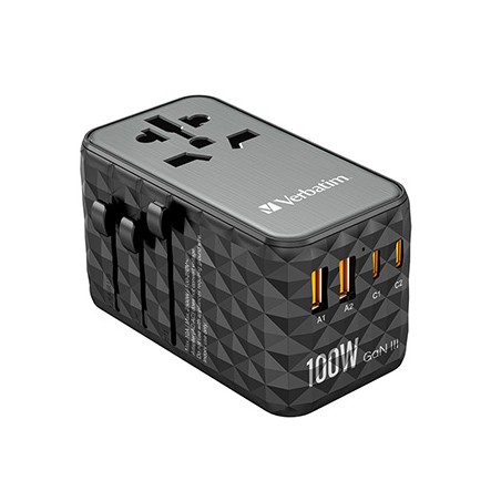Verbatim, Adapter podróżny World-to-World UTA-06 GaN III 2x USB-C PD, QC 4+,  2x USB-A QC 3.0, czarny, 100 W
