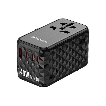 Verbatim, Uniwersalny adapter podróżny 2x USB-C PD i QC 4+, 1x USB-C PD 3.0, 1x USB-A QC, czarny, 140 W