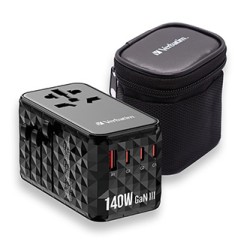 Verbatim, Uniwersalny adapter podróżny 2x USB-C PD i QC 4+, 1x USB-C PD 3.0, 1x USB-A QC, czarny, 140 W