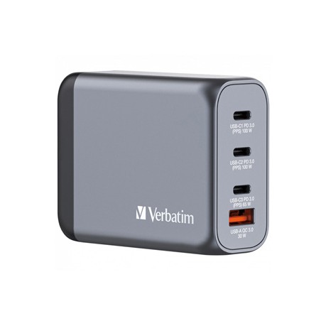 Verbatim, Ładowarka GaN USB 3.0, USB C, szara, 100 W, wymienne końcówki  C,G,A