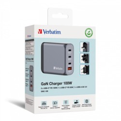 Verbatim, Ładowarka GaN USB 3.0, USB C, szara, 100 W, wymienne końcówki  C,G,A