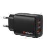 Verbatim Essentials, Ładowarka sieciowa GaN USB-A QC 3.0, 2 USB-C PD 3.0, czarna, 65W