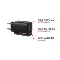 Verbatim Essentials, Ładowarka sieciowa GaN USB-A QC 3.0, 2 USB-C PD 3.0, czarna, 65W