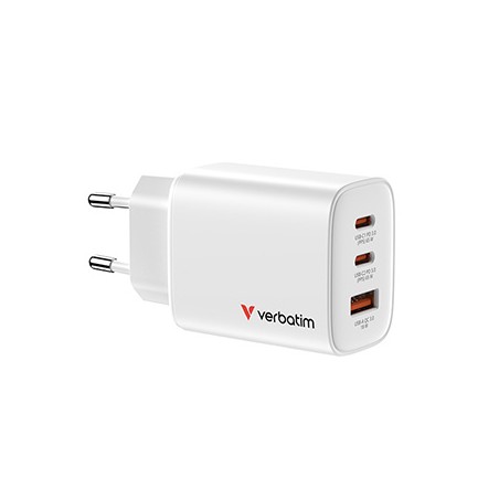 Verbatim Essentials, Ładowarka sieciowa GaN USB-A QC 3.0, 2 USB-C PD 3.0, biała, 65W